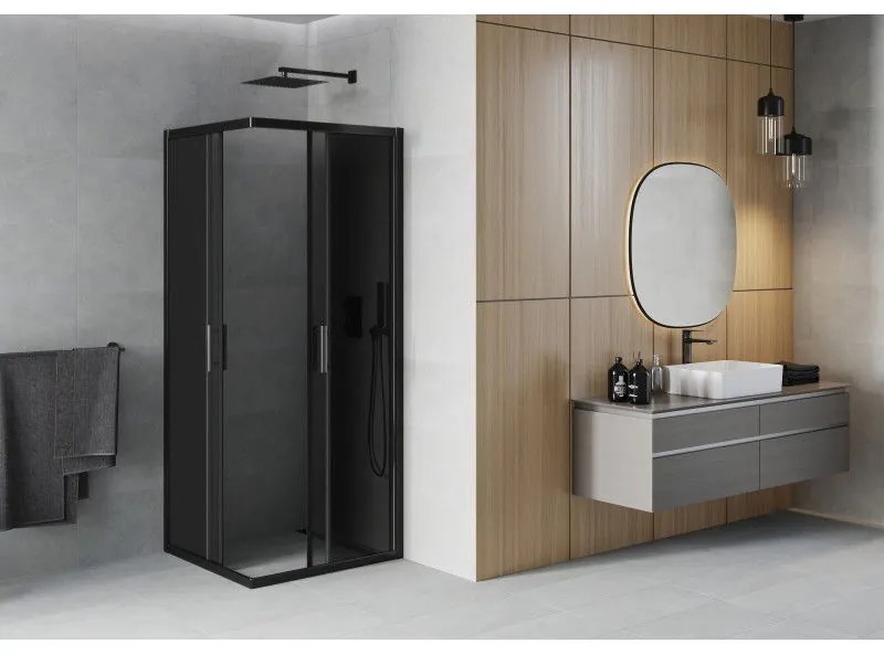 Mexen Rio, štvorcový sprchovací kút s posuvnými dverami 90(dvere) x 90(dvere) x 190 cm, 6mm šedé sklo, čierny profil, 860-090-090-70-40