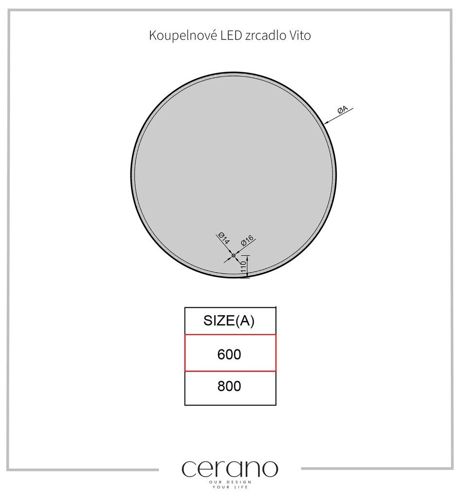 Cerano Vito, LED kúpeľňové zrkadlo, kovový rám, Ø 60 cm, čierna matná, CER-CER-NT8232G60