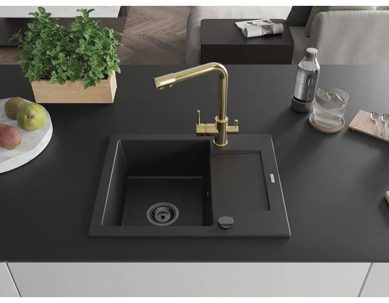 Mexen Enzo, granitový drez 576x465x174 mm, 1-komorový, zlatá lesklá batéria Duero, čierna, 6506-77-671600-50-B