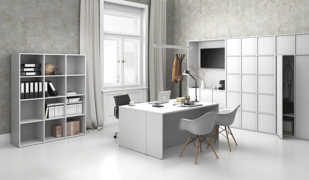 Kancelárska skriňa FRAME, 6x dvere, 2x polica, 1299 x 450 x 2162 mm, PUSH-lock, biela
