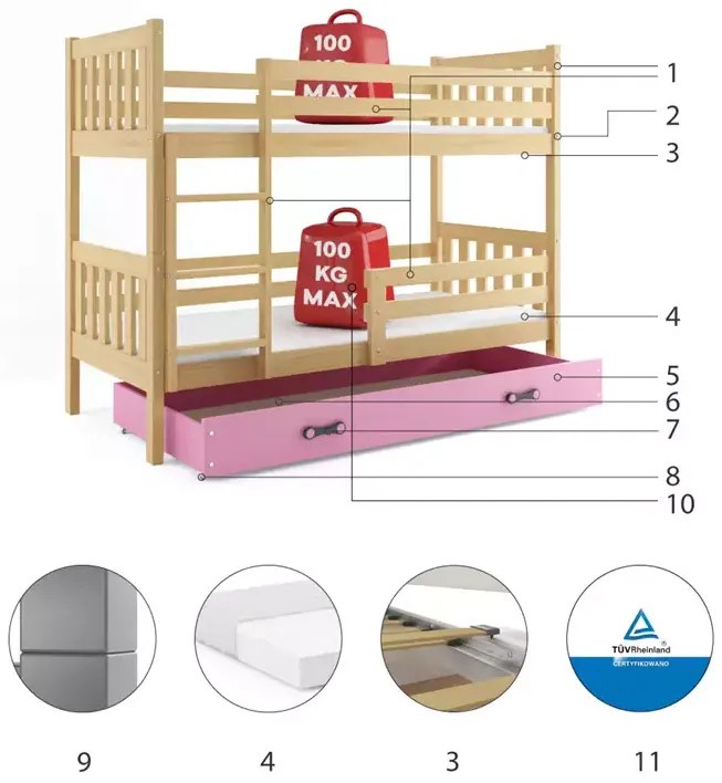 Detská poschodová posteľ CARINO PINE 80x160 cm so zásuvkou