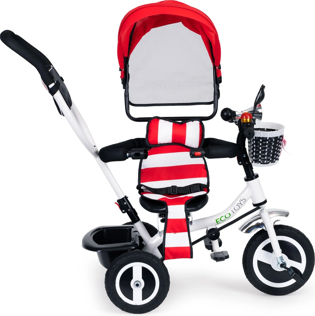 ECOTOYS trojkolka 360° otočné sedadlo, skladacia strieška, bezpečnostné pásy, červená