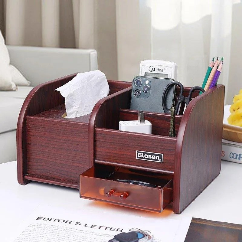 Kombinovaný drevený stojan na perá a papierové vreckovky so zásuvkou tmavé drevo C2043