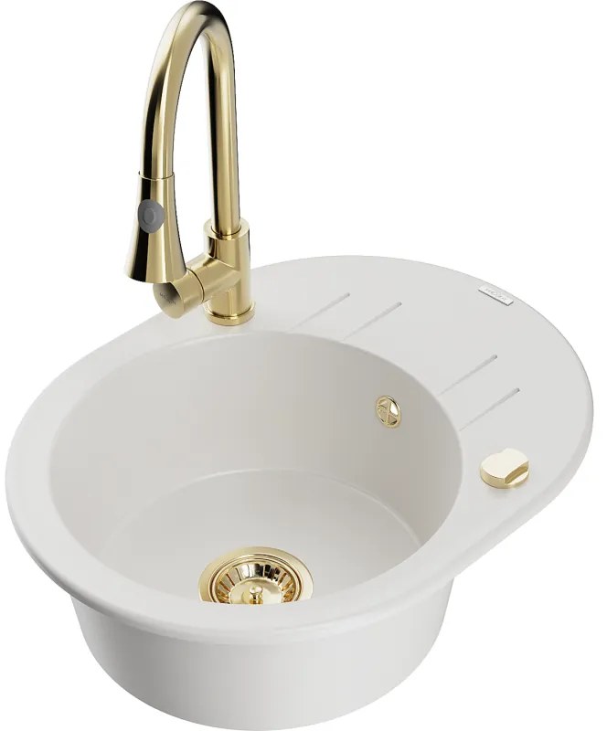 Mexen Kevin, 1-komorový granitový drez 586x458x190 mm a drezová batéria Elia, biela, 6517-20-670101-50