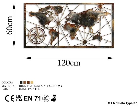 Nástenná dekorácia 120x60 cm mapa sveta kov