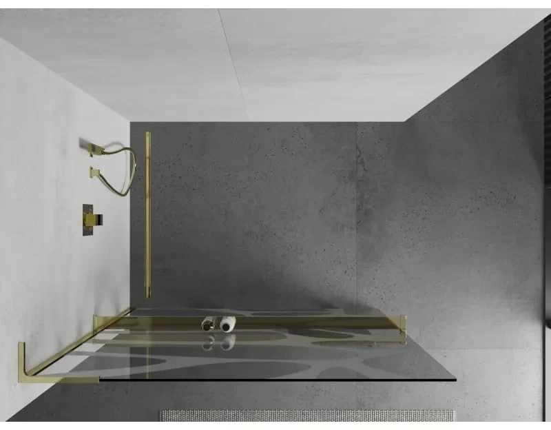 Mexen Kioto+ L, sprchová zástena Walk-In s poličkou a vešiakom 70 x 200 cm, 8mm číre sklo biely vzor, zlatý lesklý profil,800-070-123-50-97