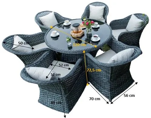 ZÁHRADNÝ JEDÁLENSKÝ SET MODERNO GRANDE 6 x KRESLO + STÔL ŠEDÝ