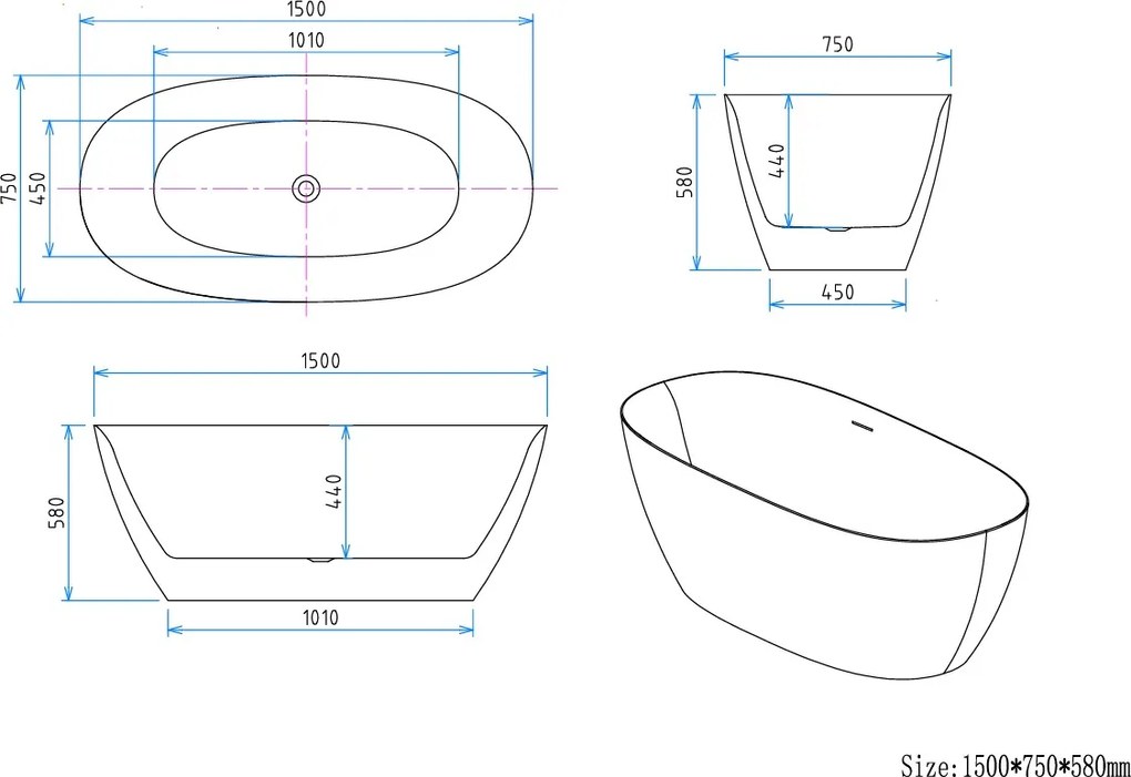 Erga Vienna, voľne stojaca vaňa 150x75 cm + odtoková zátka, biela lesklá, ERG-VIENNA-150075-WH-WH