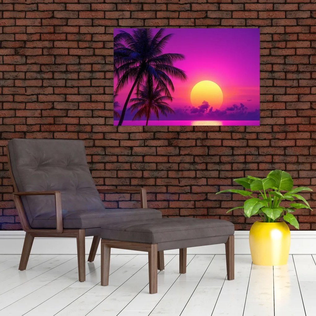 Obraz - Fialový západ s palmou (90x60 cm)