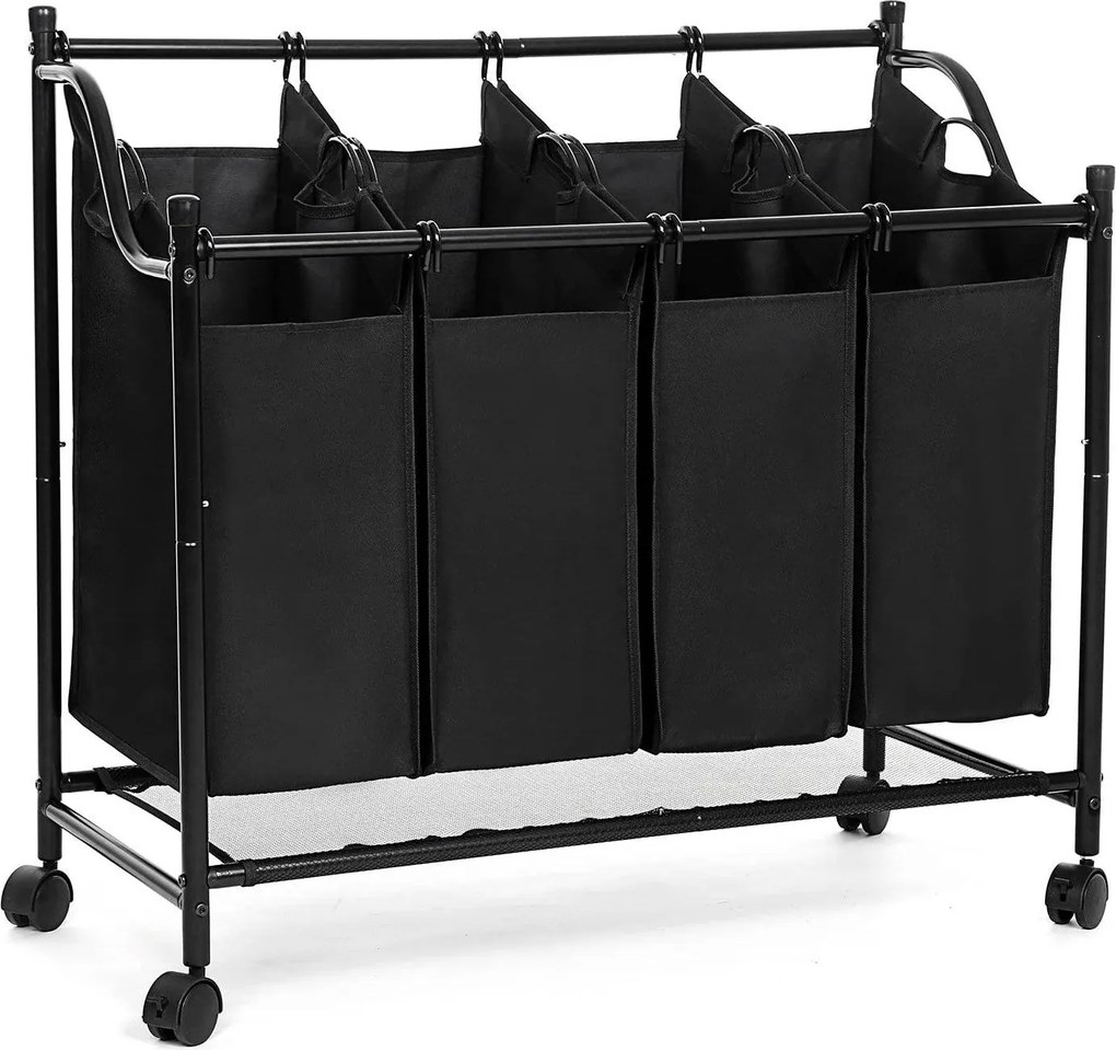 Kôš na bielizeň, vozík na prádlo, so 4 vyberateľnými látkovými vakmi, 4 x 35 L, čierny
