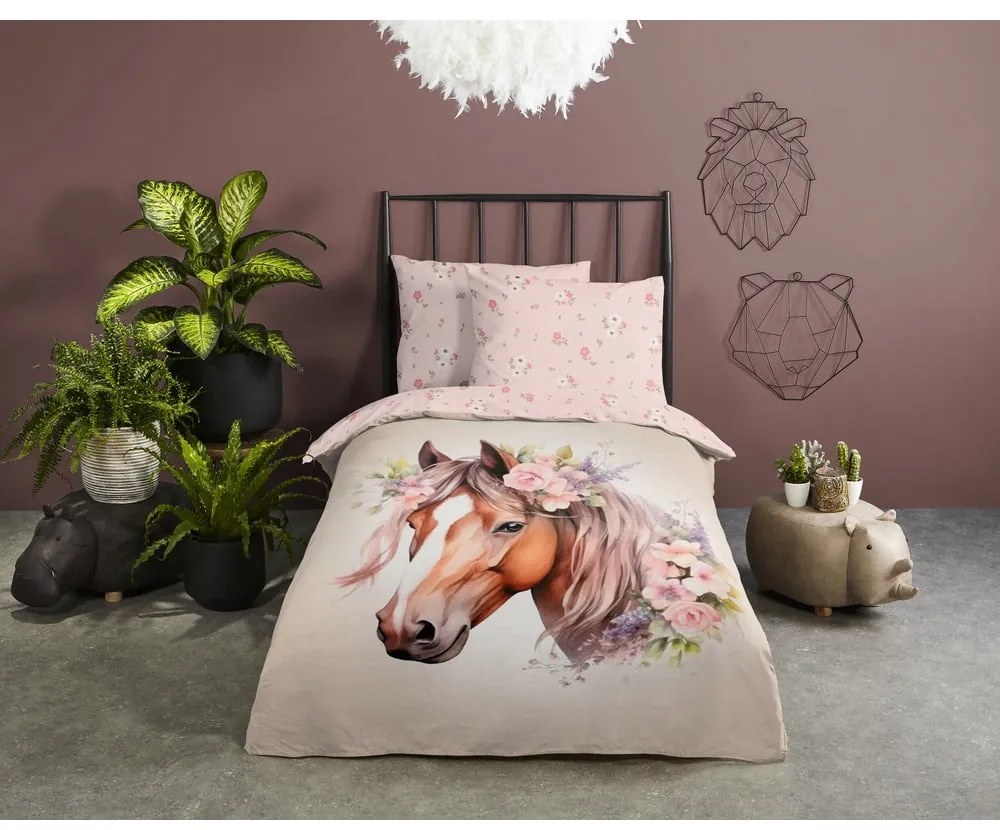 Ružové/hnedé bavlnené detské obliečky na jednolôžko 140x200 cm Avera – Good Morning