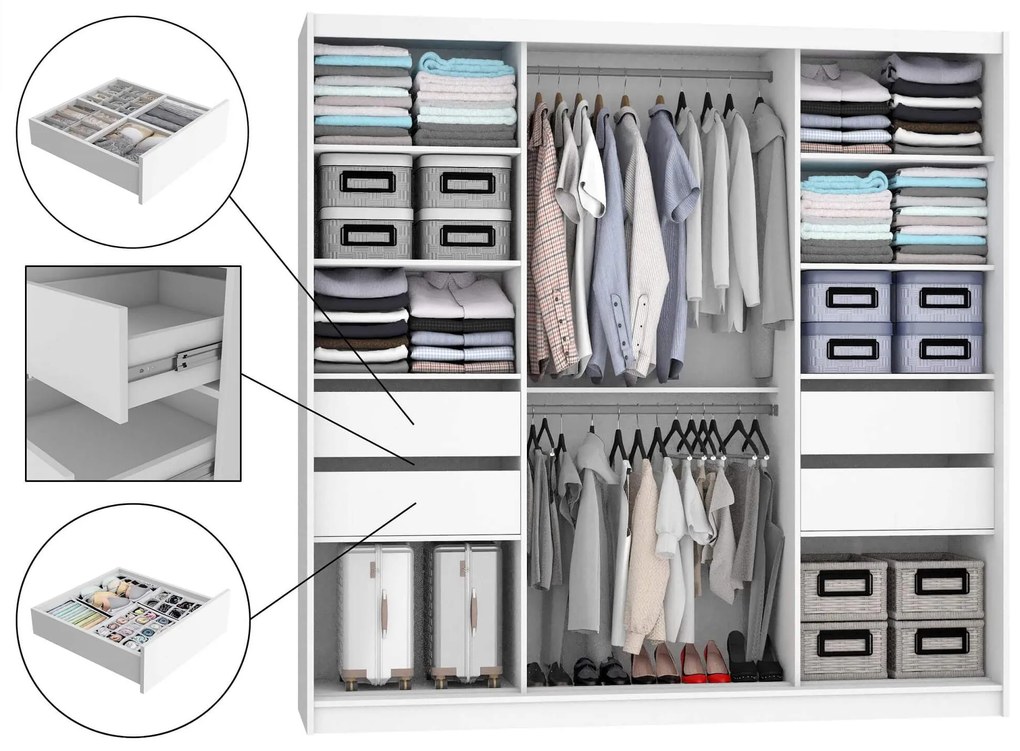 Šatníková skriňa 200 cm Belini biely mat / dub sonoma s posuvnými dverami zrkadlom a zásuvkami  MT SZP5/1/W/DS/0/KLAL