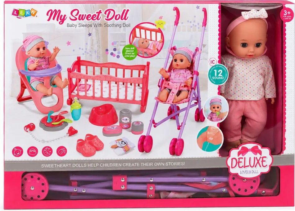 LEAN Toys Sada 3 v 1 – interaktívna bábika Bobas Sika, ktorá plače, kolíska, kočík a príslušenstvo