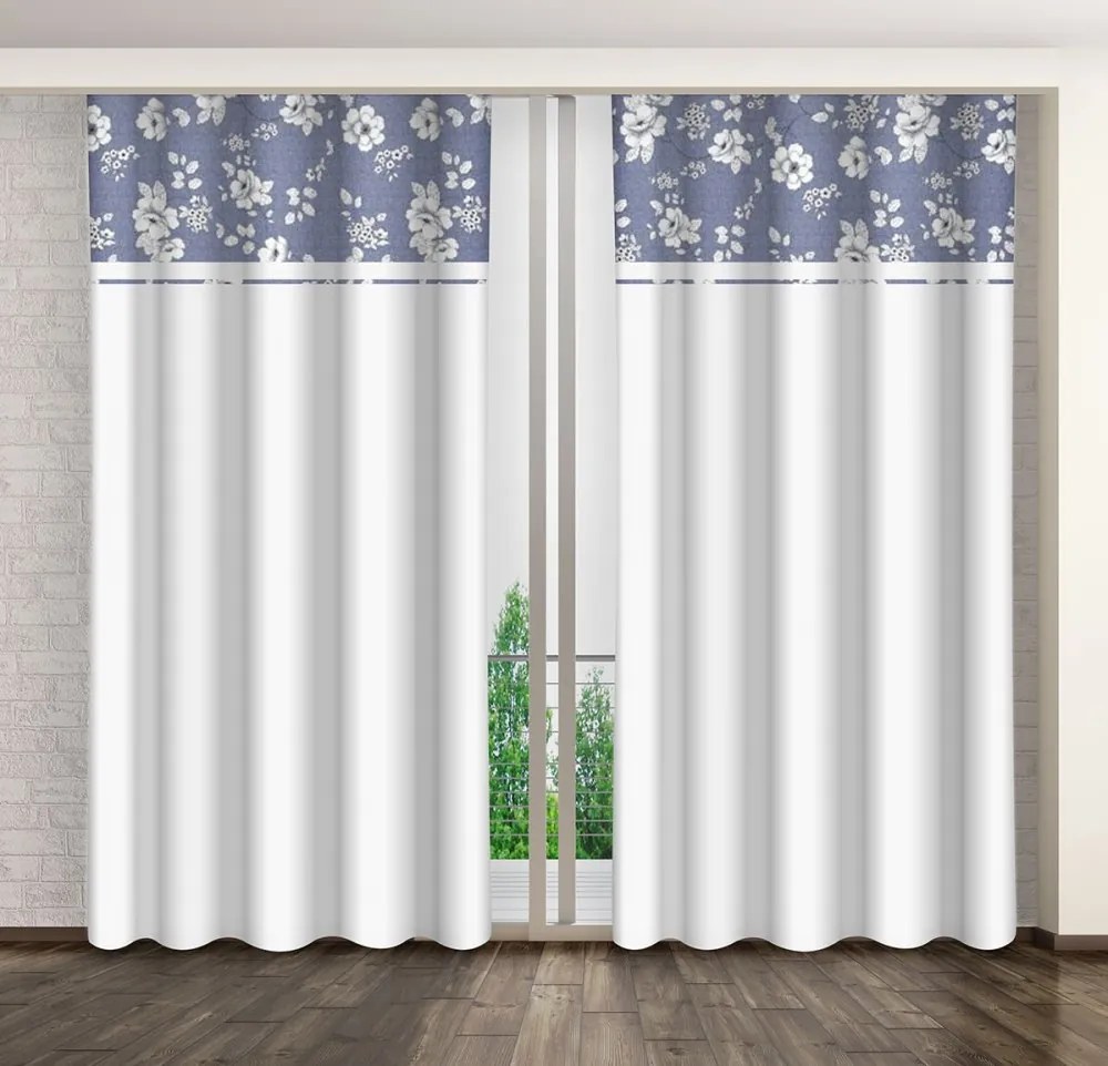 Elegantné bielo-modré závesy so vzorom kvetov Dĺžka: 250 cm