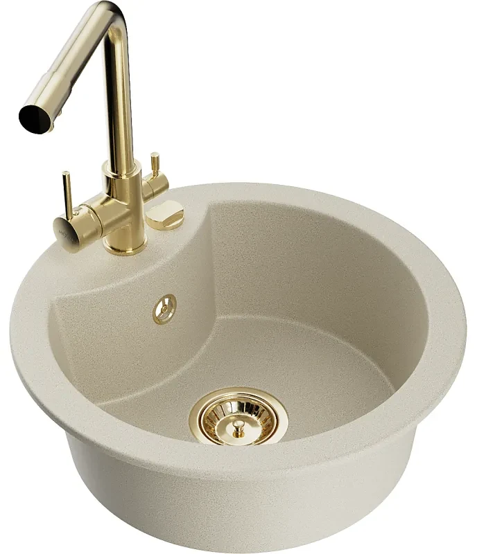 Mexen Diego, 1-komorový granitový drez 488x488x167 mm, zlatá batéria Duero, béžová, 6512-69-671600-50