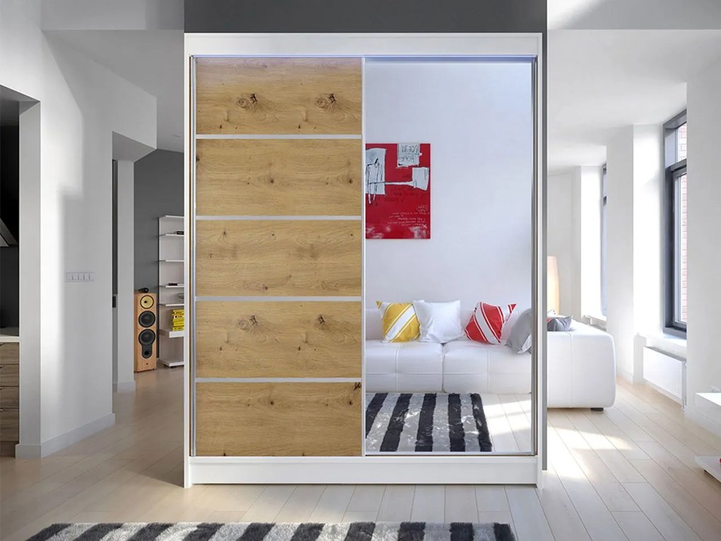 Šatníková skriňa Belgia III, Farby: čierna / biela + zrkadlo, Osvetlenie: osvetlenie LED RGB - farebné