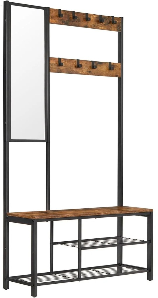 Vešiak na kabáty s háčikmi, so zrkadlom, predsieňová stena, vintage hnedá