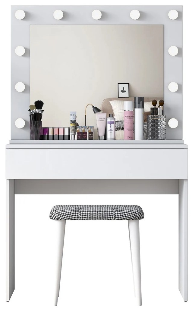 Minimalistický toaletný stolík Alisson III s LED zrkadlom a taburetom biely