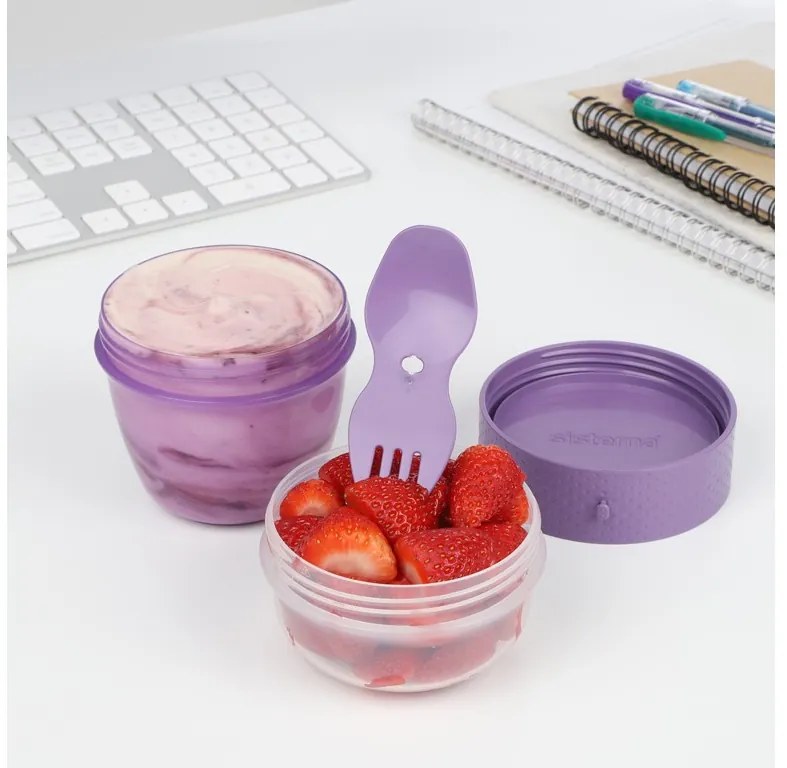 Box na jogurt a müsli, 2 komory + lyžica, SISTEMA, mix farieb Farba škatuliek SISTEMA: Fialová