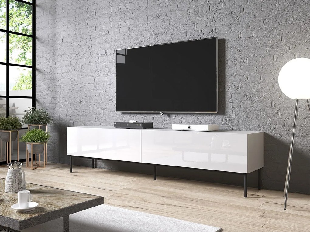 TV skrinka Koda 200 s kovovým rámom, Farby: biely / biely lesk + zlatá