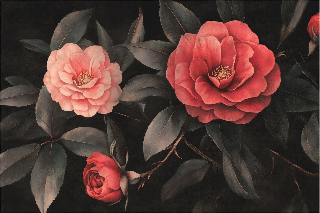 Obraz - Červené kvety na tmavom pozadí (90x60 cm)