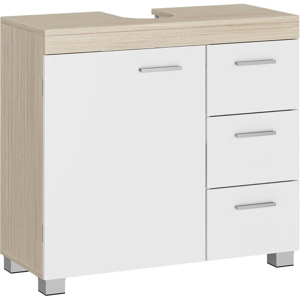 Skrinka pod umývadlo s 3 veľkými zásuvkami, kúpeľňová skrinka, biela a prírodná