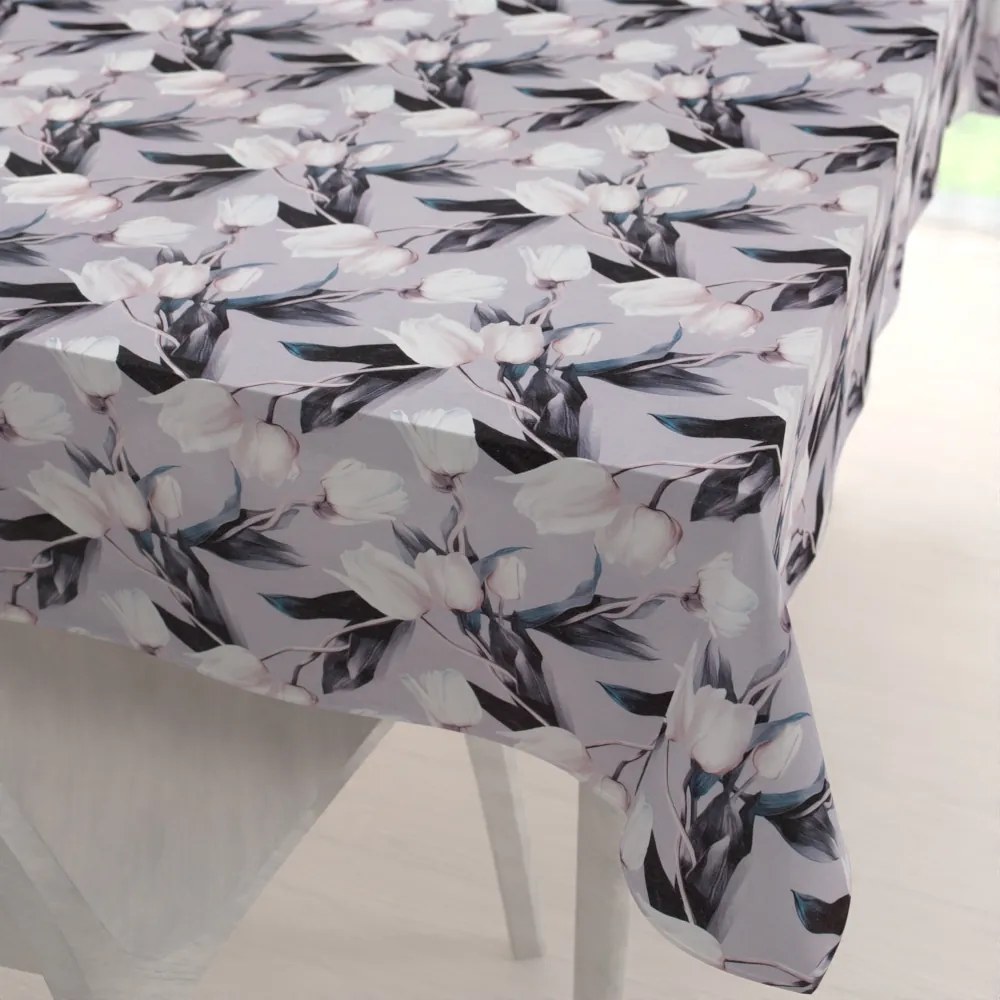 Biante Dekoračný obdĺžnikový obrus PML-034 Biele tulipány na sivom 140x160 cm