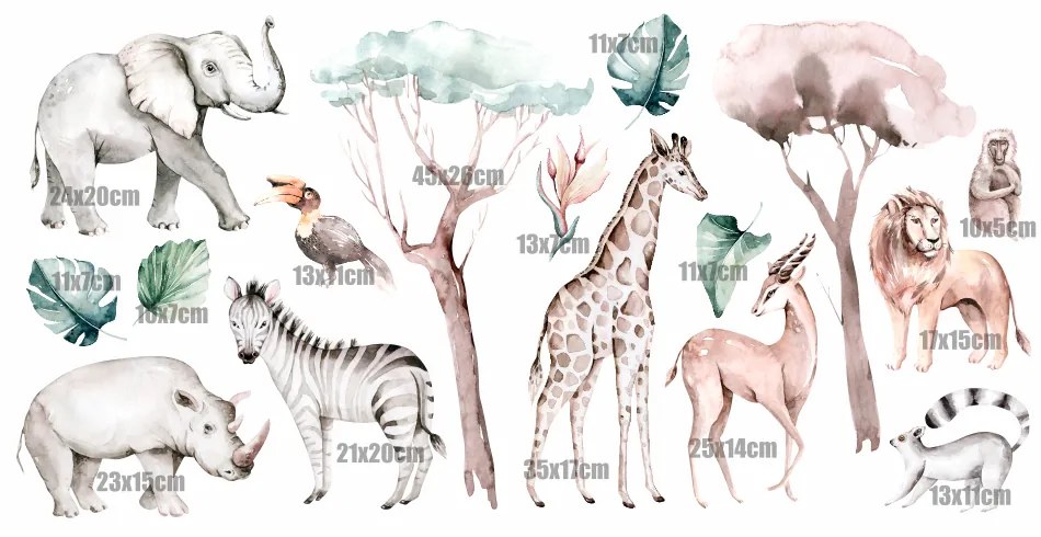 Gario Detská nálepka na stenu Savanna - slon, nosorožec, žirafa a iné zvieratá