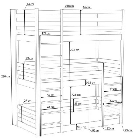 Detská trojposchodová posteľ z masívu borovice ARIZONA - 200x90 cm - PRÍRODNÁ BOROVICA