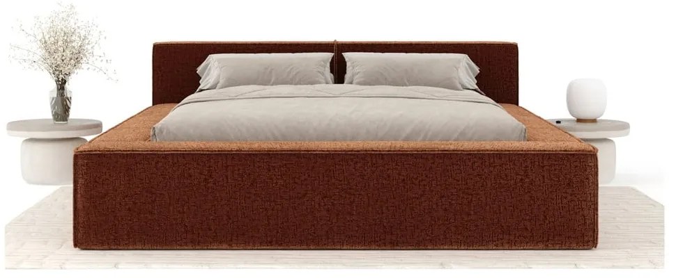 Oranžová čalúnená dvojlôžková posteľ s úložným priestorom s roštom 200x200 cm Voliera – Maison de Rêve