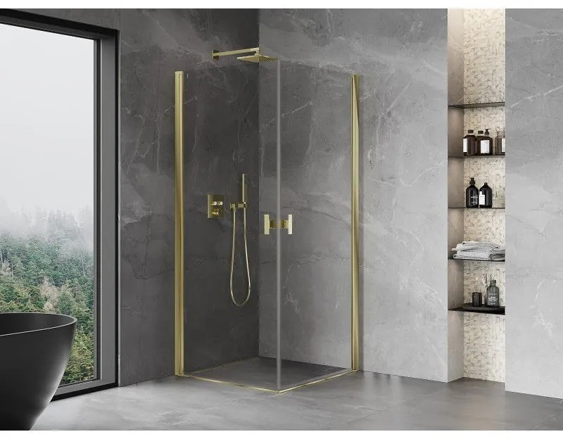 Mexen Mist-B Duo, 2-krídlový výklopný sprchový kút 85 x 85 cm, číre sklo, zlatý lesklý profil, 8A2-085-085-50-00