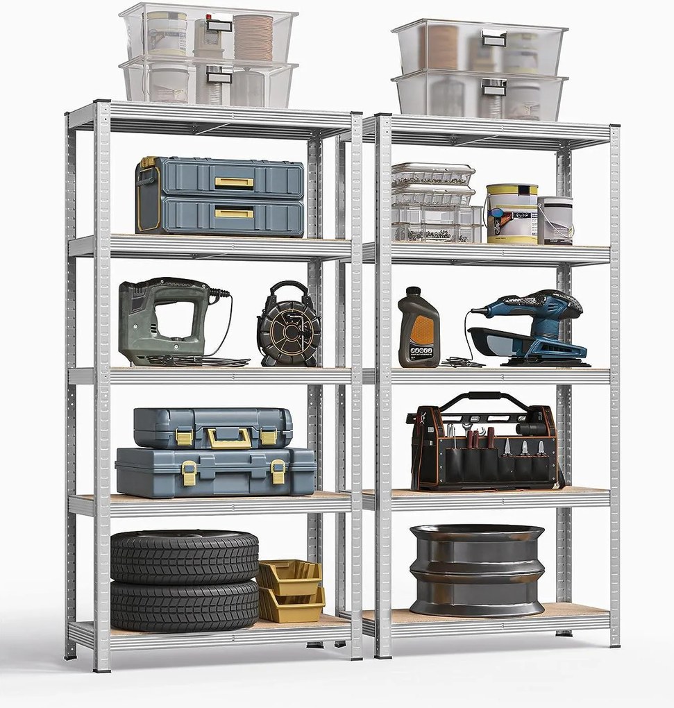 Regály 5-úrovňové s oceľovým rámom a vysokou nosnosťou, sada 2 ks, strieborné