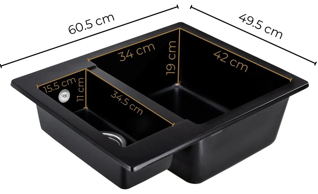 Sink Quality Ferrum, kuchynský granitový drez 605x495x210 mm + zlatý sifón, čierna, SKQ-FER.C.5KBO.XG