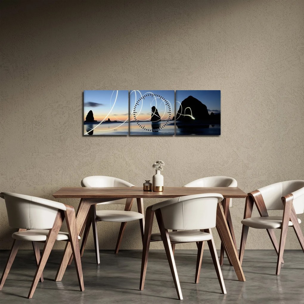 Obraz - pláž pri západe (s hodinami) (90x30 cm)