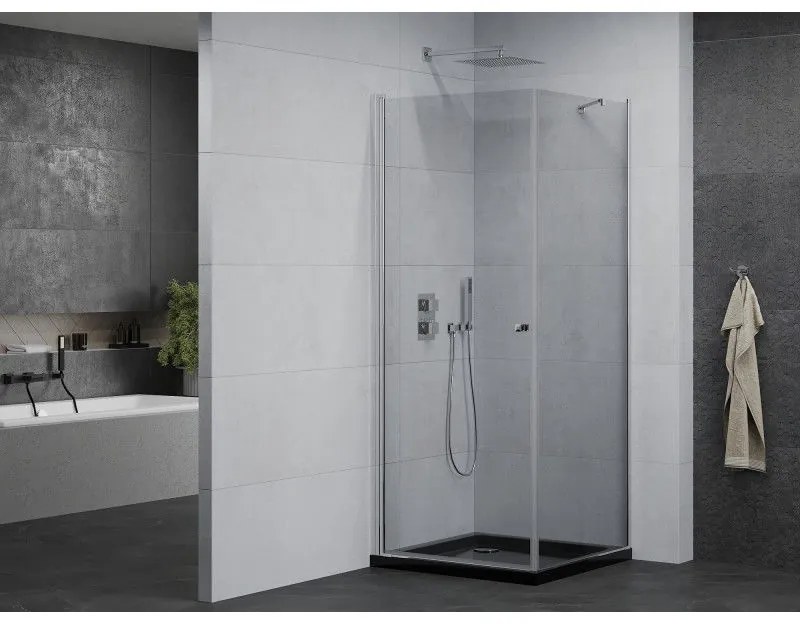 Mexen Pretoria, sprchovací kút 100 (dvere) x 100 (stena) cm, 6mm číre sklo, chrómový profil + čierna sprchová vanička, 852-100-100-01-00-4070