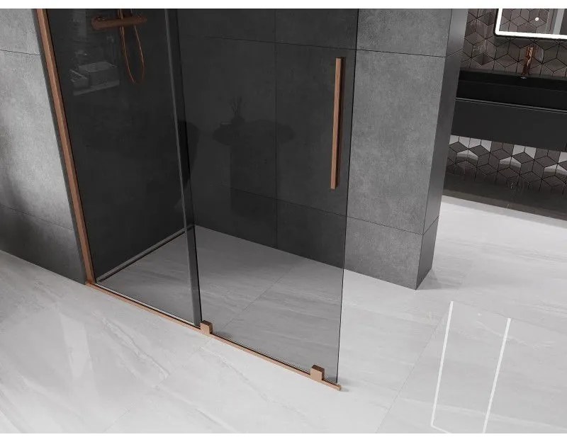 Mexen Velar, sprchová zástena s posuvnými dverami Walk-in 150 x 200 cm, 8mm šedé sklo, medená matná, 871-150-000-43-65
