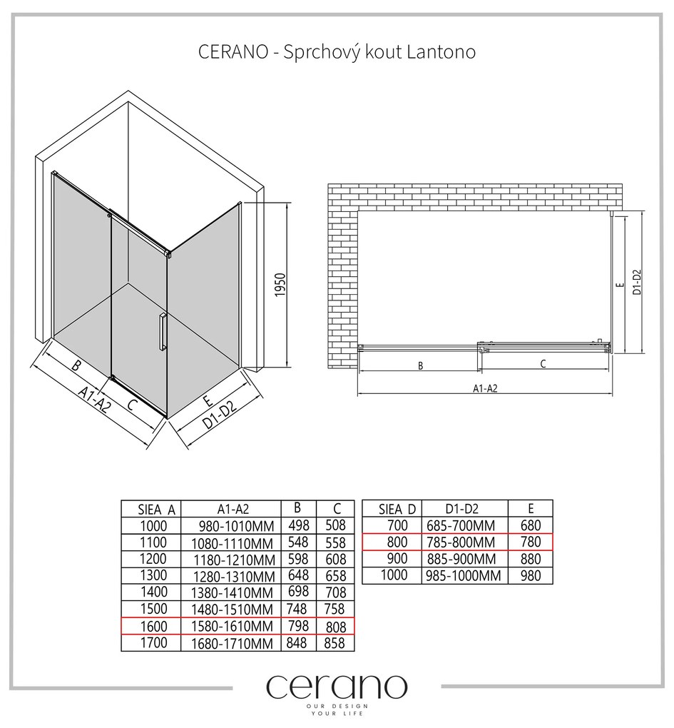 Cerano Lantono, sprchovací kút s posuvnými dverami 160(dvere) x 80(stena) x 195 cm, 8mm číre sklo, čierny profil, CER-CER-433217