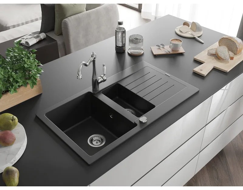 Mexen Matias, granitový drez 900x505x200 mm, 1,5-komorový a drezová batéria Carla, čierna, 6502-77-670700-00