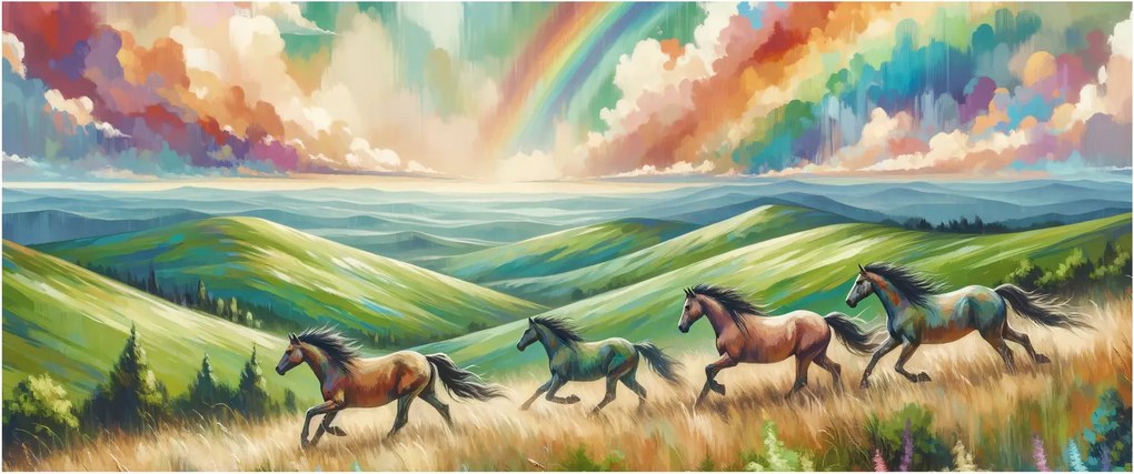 Obraz – Kone cválajúce krajinou (120x50 cm)
