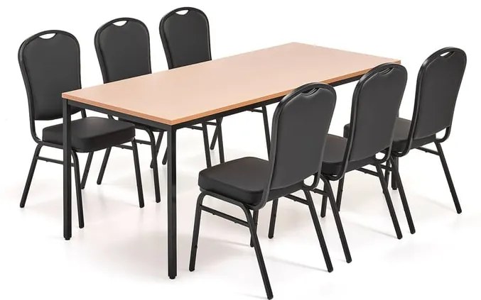 Jedálenská zostava JAMIE+ HARTFORD, 1800x800 mm stôl, buk + 6 stoličiek, čierna koženka