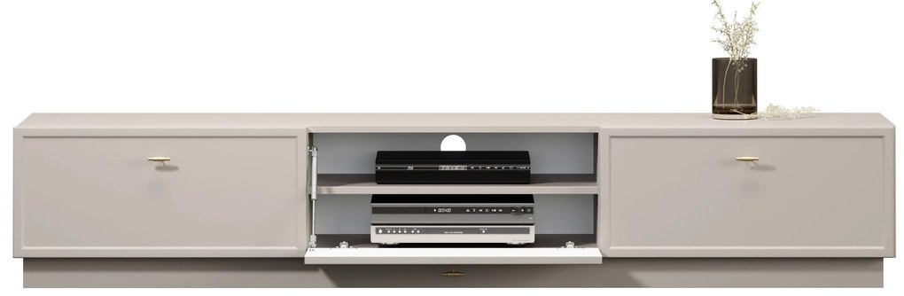 TV stolík Lorini 200 cm na sokli – kašmírová / zlatá / úchytky T