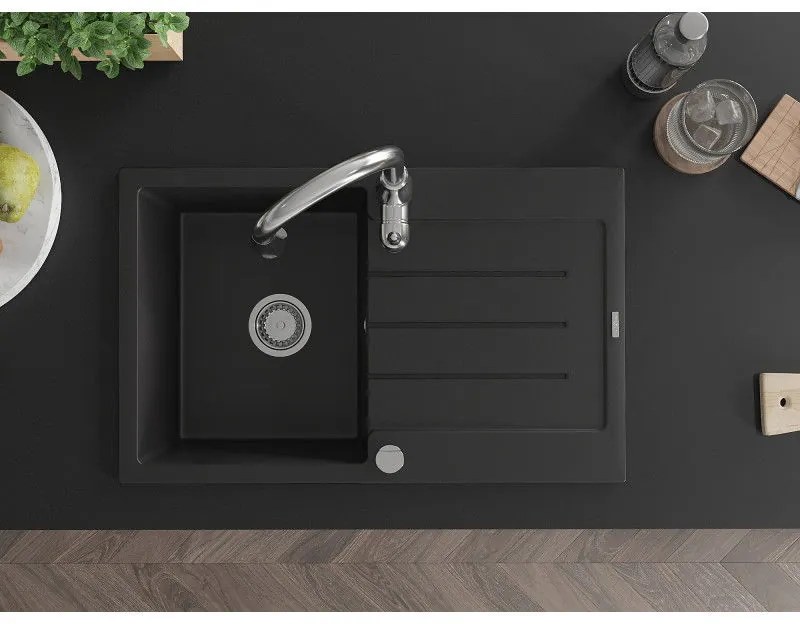 Mexen Bruno, 1-komorový granitový drez 795x495x200 mm a drezová batéria Savita, čierna, 6513-77-672601-00