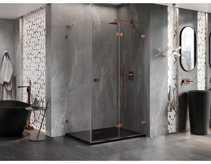 Mexen Lunar-F L, 1-krídlový sprchový kút so skladacími dverami, pravý, 95 x 90 cm, 8mm číre sklo, ružové zlato profil, 836L-095-090-60-00-P