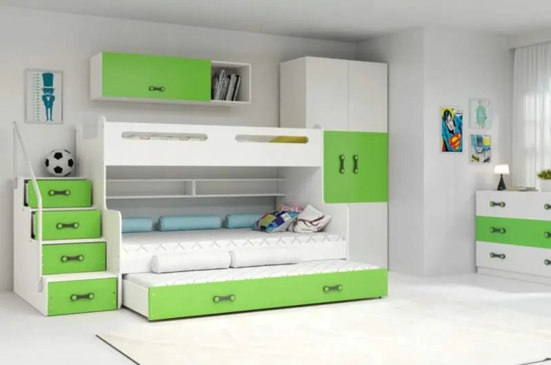 Poschodová posteľ s prístelkou MAX 3 rozšírená 200x120 biela - zelená