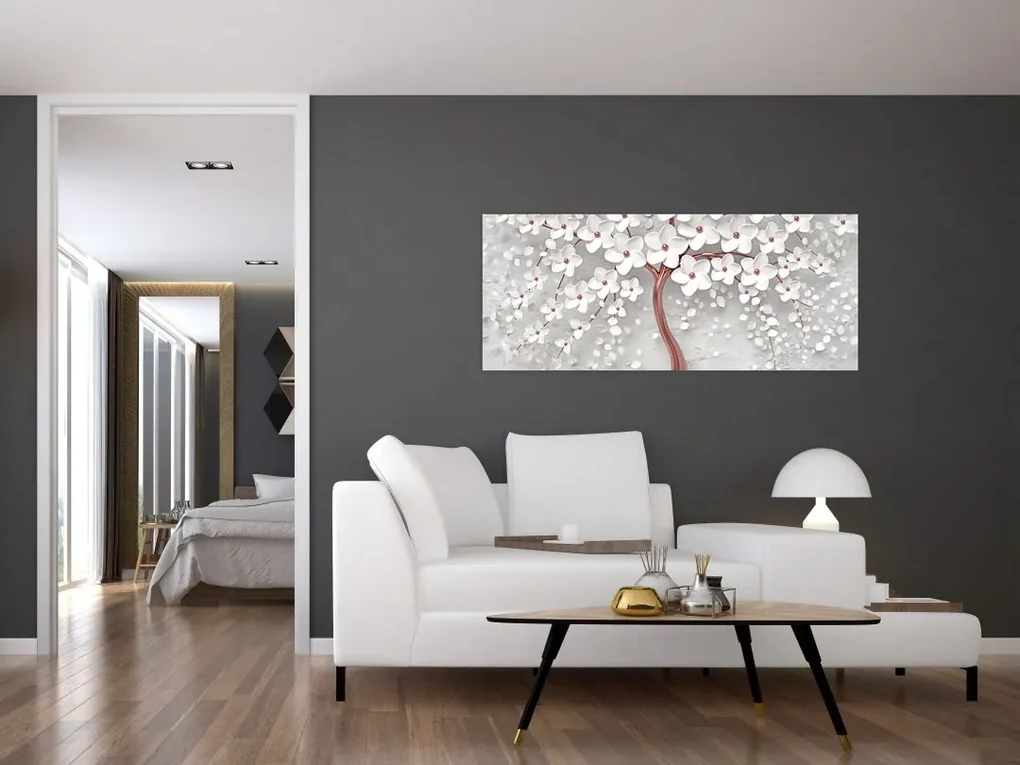 Obraz - Obraz bieleho stromu s kvetinami, rosegold (120x50 cm)