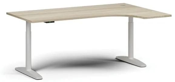 Výškovo nastaviteľný stôl OBOL, elektrický, 675-1325 mm, rohový pravý, doska 1800x1200 mm, biela zaoblená podnož, dub prírodný