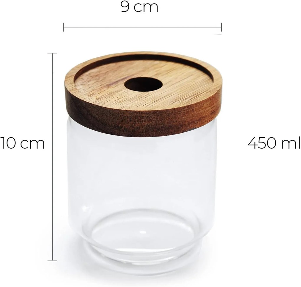 Sklenené dózy, 3 ks s akáciovým vekom, 260/440/950 ml