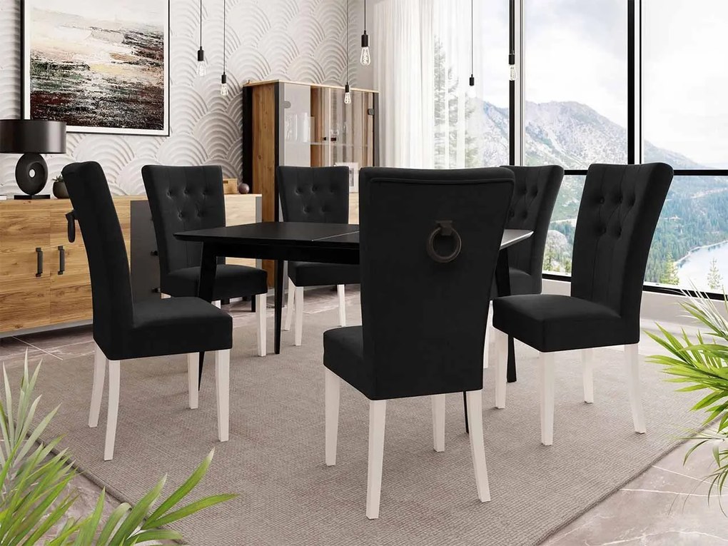 Rozkladací stôl 140x80 so 6 stoličkami ST67, Farby: čierny, Farby: biela, Potah: Magic Velvet 2219
