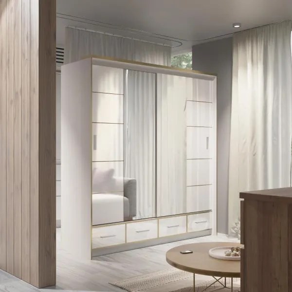 Šatníková skriňa Modena 200 LED, Biela/biela lesk