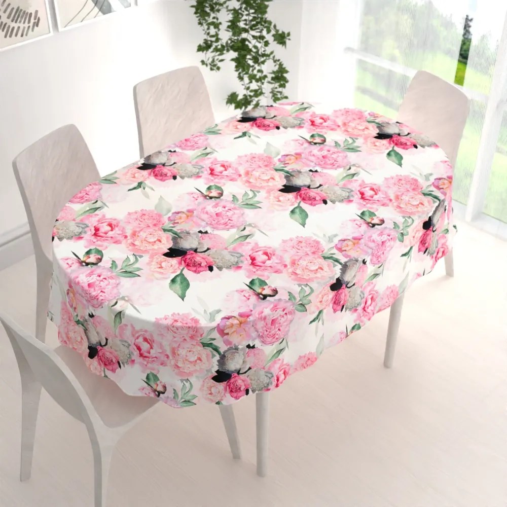Biante Zamatový oválny obrus Tamara TMR-037 Ružové pivonky na bielom 130x180 cm
